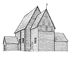 Stavkyrkan i Granhult, Smland. Tecknad av Cecilia Bonnevier, SHM.