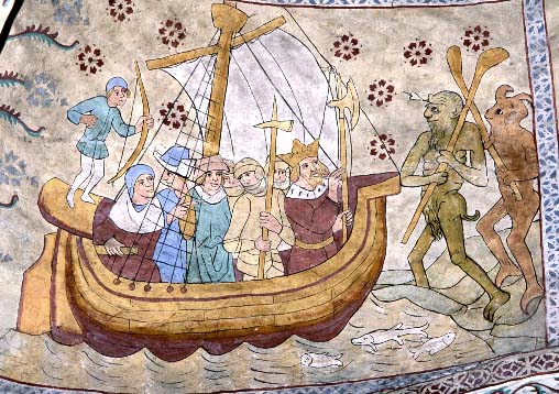 Olofs seglats. Mlning frn Danmarks kyrka i Uppland, 1400-talets slut.