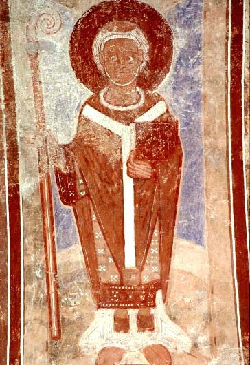 Biskop. Målning från Finja kyrka i Skåne, 1100-talets mitt.