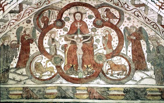 Nådastol. Målning från Götene kyrka i Västergötland, slutet av 1400-talet.