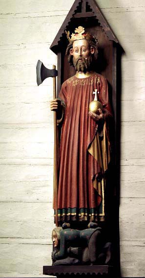 Sankt Olof, helig kung och martyr. Frn Visnums kyrka i Vrmland.