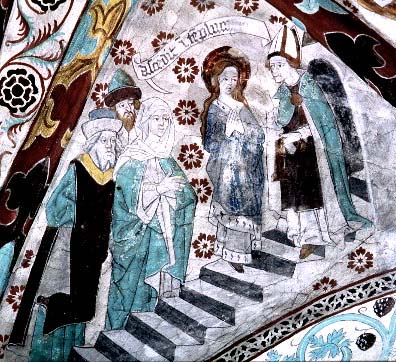 Marie tempelgång. Målning från Härkeberga i Uppland, 1480-tal.