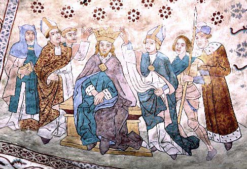 Olofs kröning. Målning från Danmarks kyrka i Uppland, 1400-talets slut.