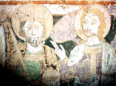 Olof och ängel. Målning från Kaga kyrka i Östergötland. 1200-talets början.